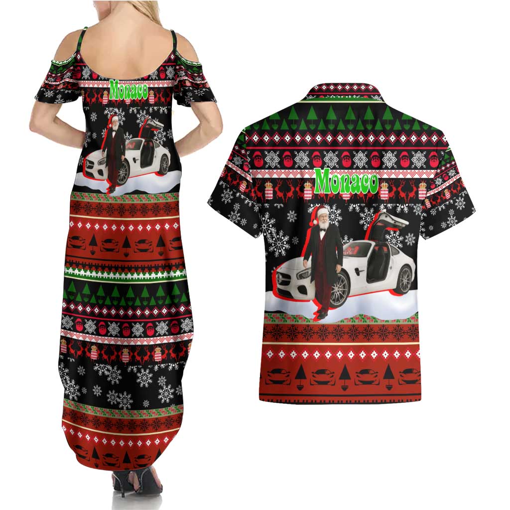 Monaco Christmas Couples Matching Summer Maxi Dress and Hawaiian Shirt with Santa Claus Sports Car Snowflakes and Luxury Holiday - Wonder Print Shop