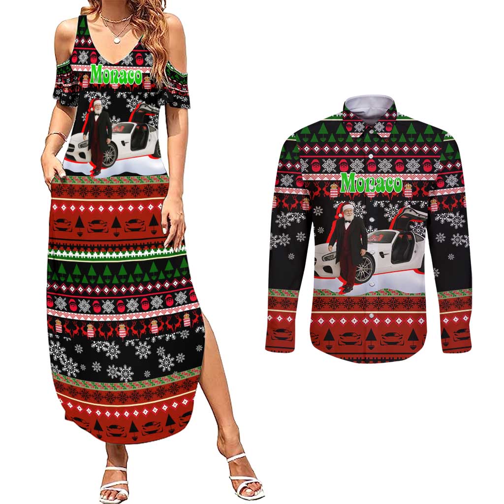 Monaco Christmas Couples Matching Summer Maxi Dress and Long Sleeve Button Shirt with Santa Claus Sports Car Snowflakes and Luxury Holiday - Wonder Print Shop