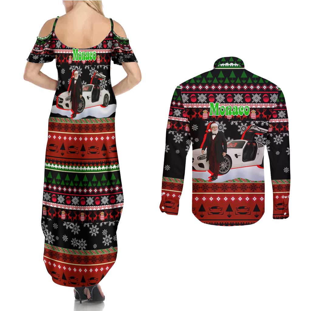 Monaco Christmas Couples Matching Summer Maxi Dress and Long Sleeve Button Shirt with Santa Claus Sports Car Snowflakes and Luxury Holiday - Wonder Print Shop