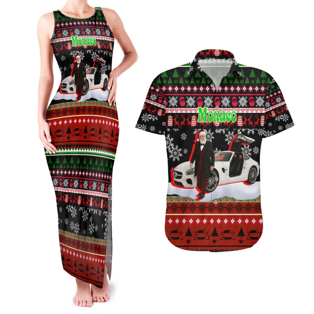 Monaco Christmas Couples Matching Tank Maxi Dress and Hawaiian Shirt with Santa Claus Sports Car Snowflakes and Luxury Holiday - Wonder Print Shop