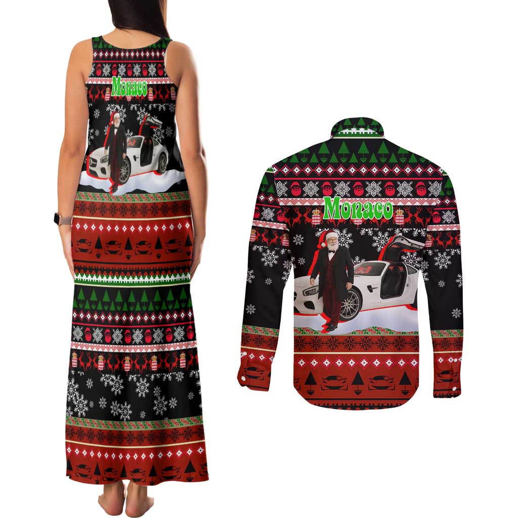 Monaco Christmas Couples Matching Tank Maxi Dress and Long Sleeve Button Shirt with Santa Claus Sports Car Snowflakes and Luxury Holiday - Wonder Print Shop