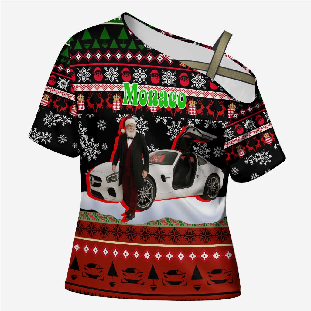 Monaco Christmas Cross Shoulder Shirt with Santa Claus Sports Car Snowflakes and Luxury Holiday - Wonder Print Shop