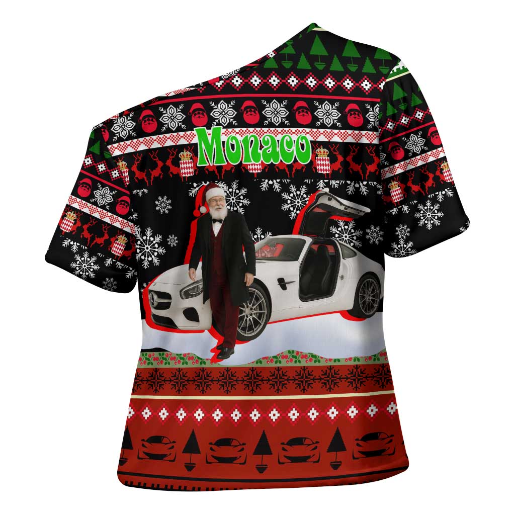 Monaco Christmas Cross Shoulder Shirt with Santa Claus Sports Car Snowflakes and Luxury Holiday - Wonder Print Shop