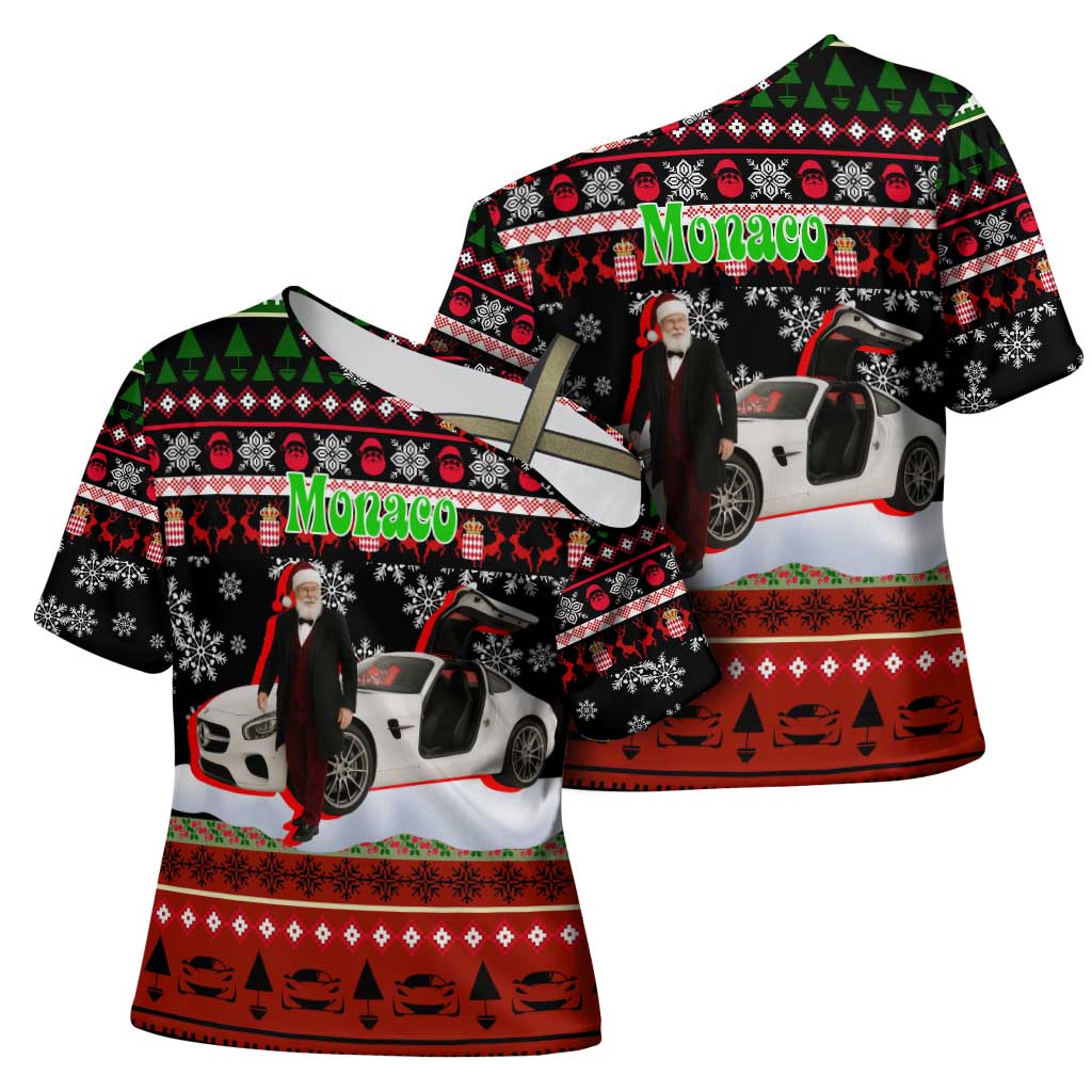Monaco Christmas Cross Shoulder Shirt with Santa Claus Sports Car Snowflakes and Luxury Holiday - Wonder Print Shop