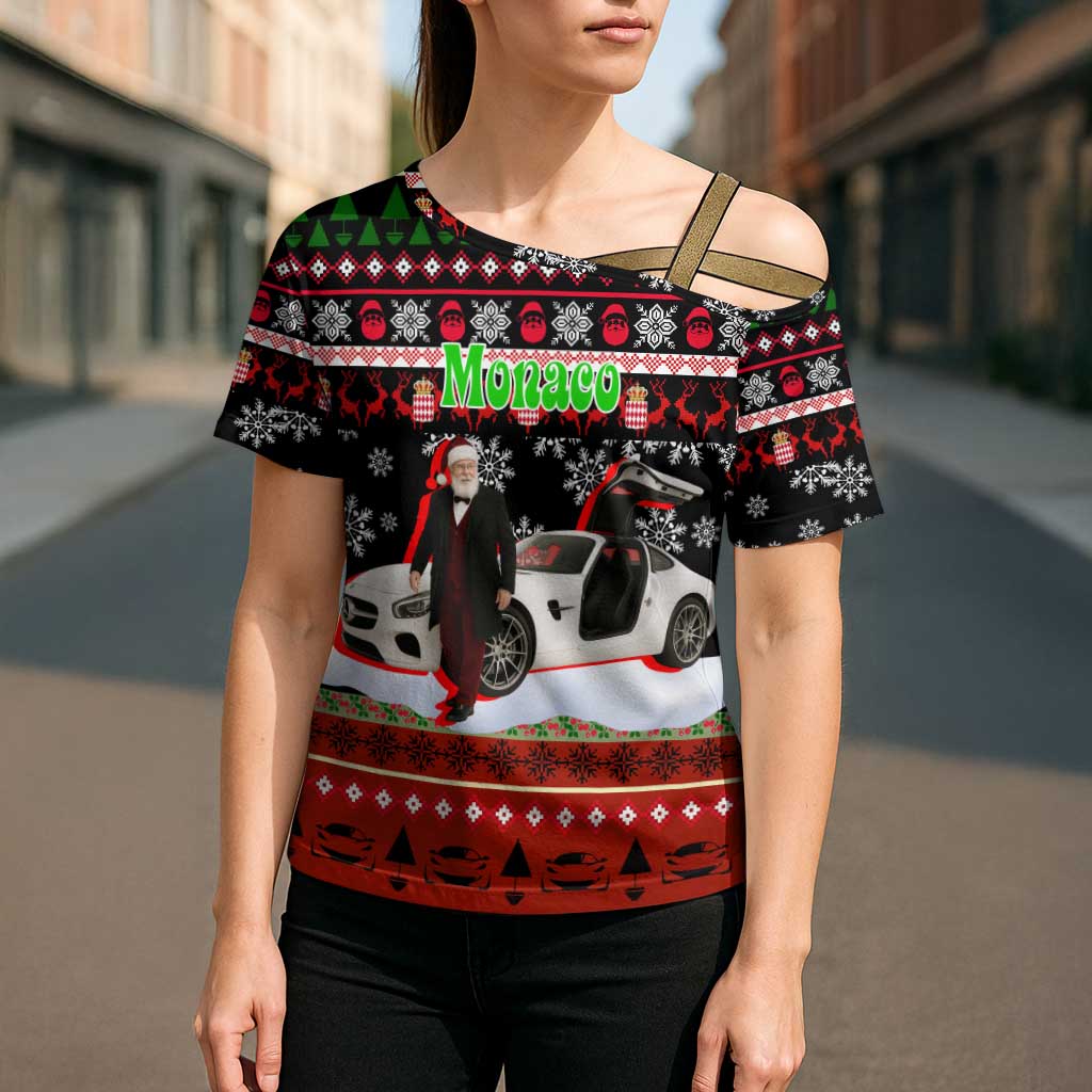 Monaco Christmas Cross Shoulder Shirt with Santa Claus Sports Car Snowflakes and Luxury Holiday - Wonder Print Shop