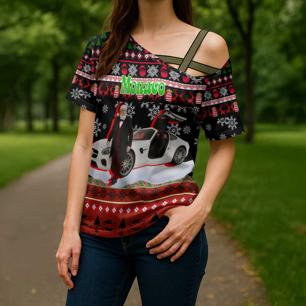 Monaco Christmas Cross Shoulder Shirt with Santa Claus Sports Car Snowflakes and Luxury Holiday - Wonder Print Shop