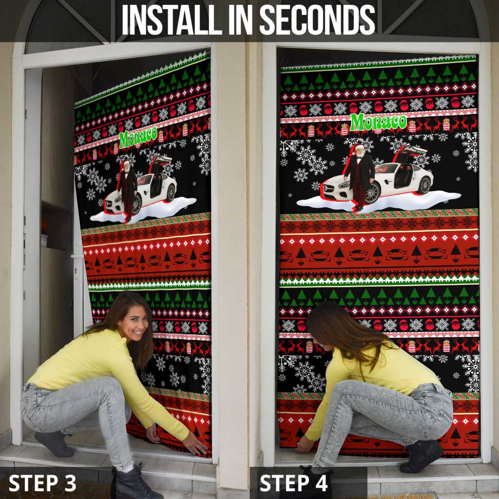 Monaco Christmas Door Cover with Santa Claus Sports Car Snowflakes and Luxury Holiday - Wonder Print Shop