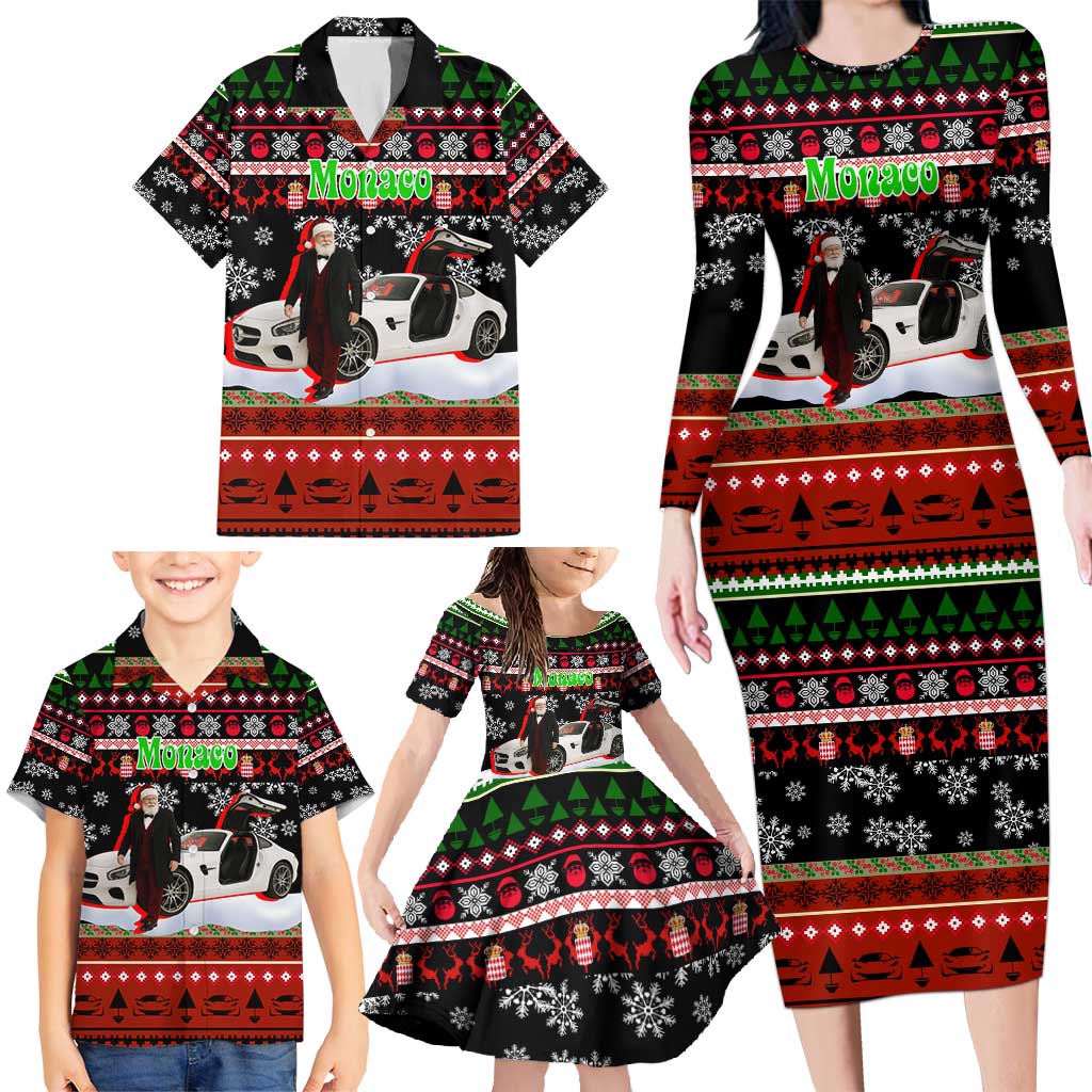 Monaco Christmas Family Matching Long Sleeve Bodycon Dress and Hawaiian Shirt with Santa Claus Sports Car Snowflakes and Luxury Holiday - Wonder Print Shop