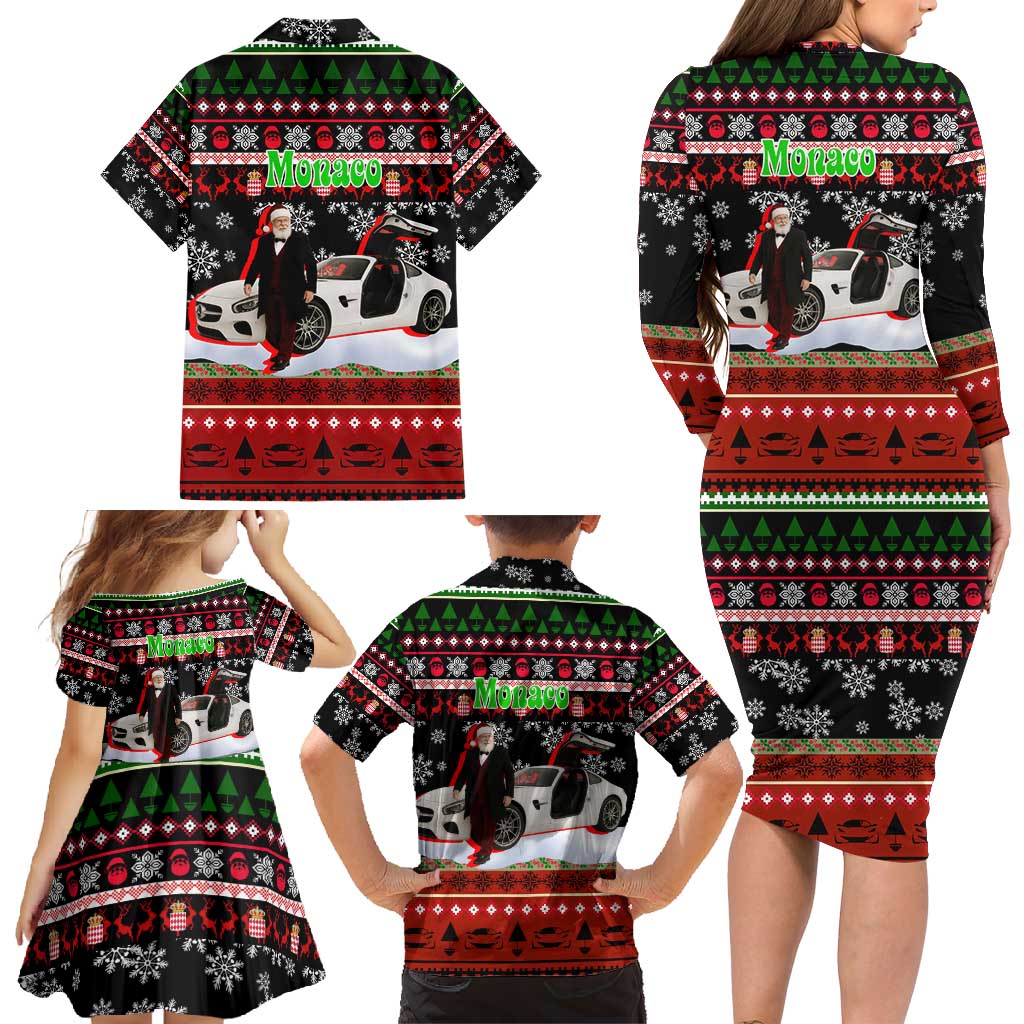 Monaco Christmas Family Matching Long Sleeve Bodycon Dress and Hawaiian Shirt with Santa Claus Sports Car Snowflakes and Luxury Holiday - Wonder Print Shop