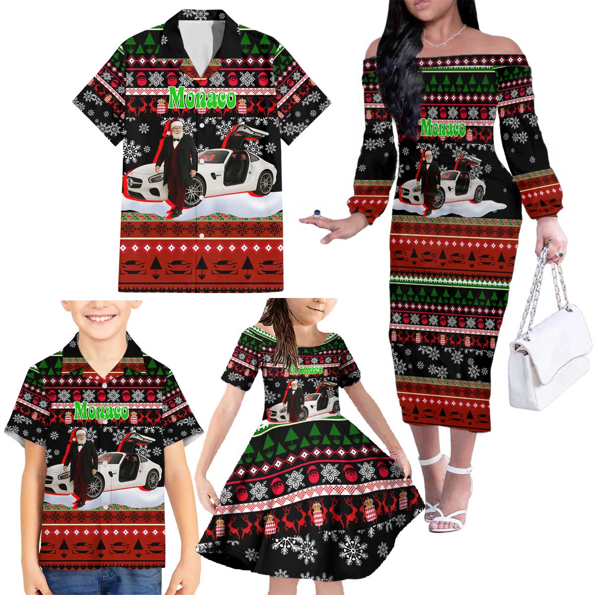 Monaco Christmas Family Matching Off The Shoulder Long Sleeve Dress and Hawaiian Shirt with Santa Claus Sports Car Snowflakes and Luxury Holiday - Wonder Print Shop