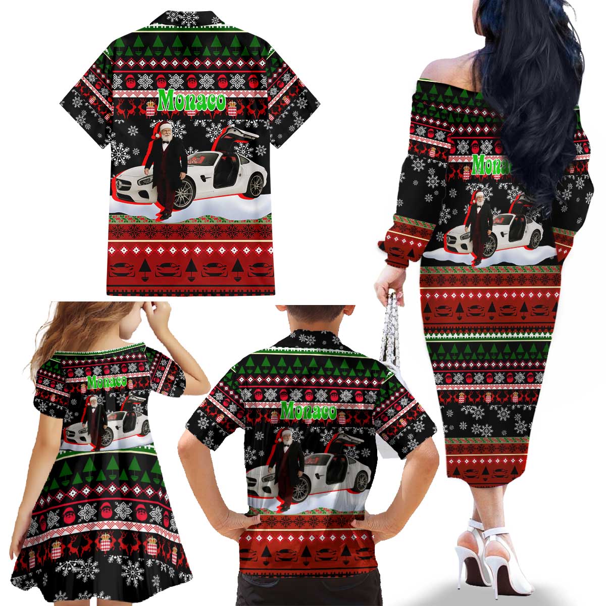 Monaco Christmas Family Matching Off The Shoulder Long Sleeve Dress and Hawaiian Shirt with Santa Claus Sports Car Snowflakes and Luxury Holiday - Wonder Print Shop