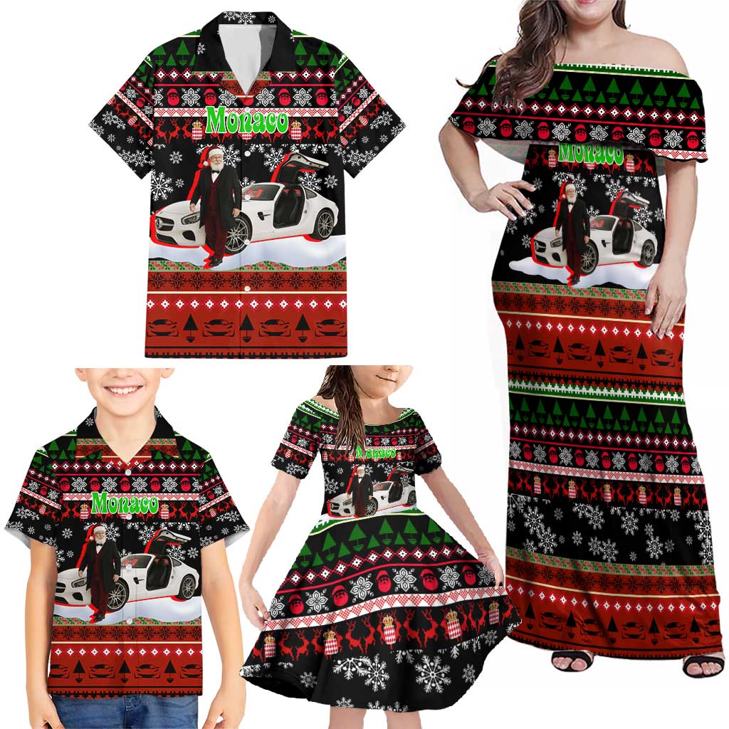 Monaco Christmas Family Matching Off Shoulder Maxi Dress and Hawaiian Shirt with Santa Claus Sports Car Snowflakes and Luxury Holiday - Wonder Print Shop