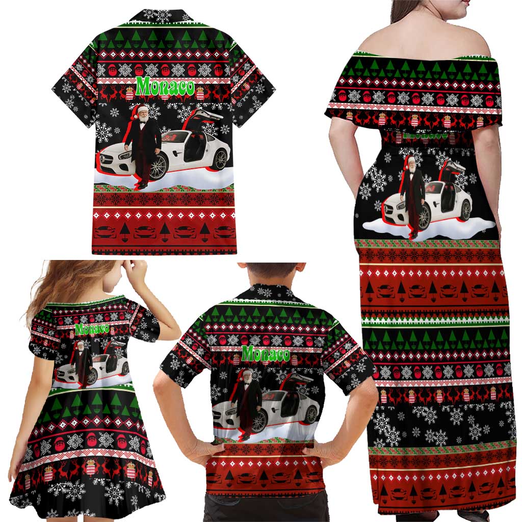 Monaco Christmas Family Matching Off Shoulder Maxi Dress and Hawaiian Shirt with Santa Claus Sports Car Snowflakes and Luxury Holiday - Wonder Print Shop