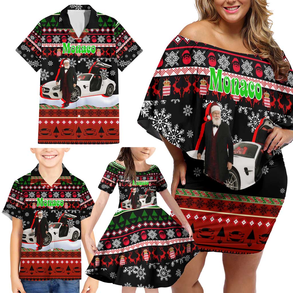 Monaco Christmas Family Matching Off Shoulder Short Dress and Hawaiian Shirt with Santa Claus Sports Car Snowflakes and Luxury Holiday - Wonder Print Shop