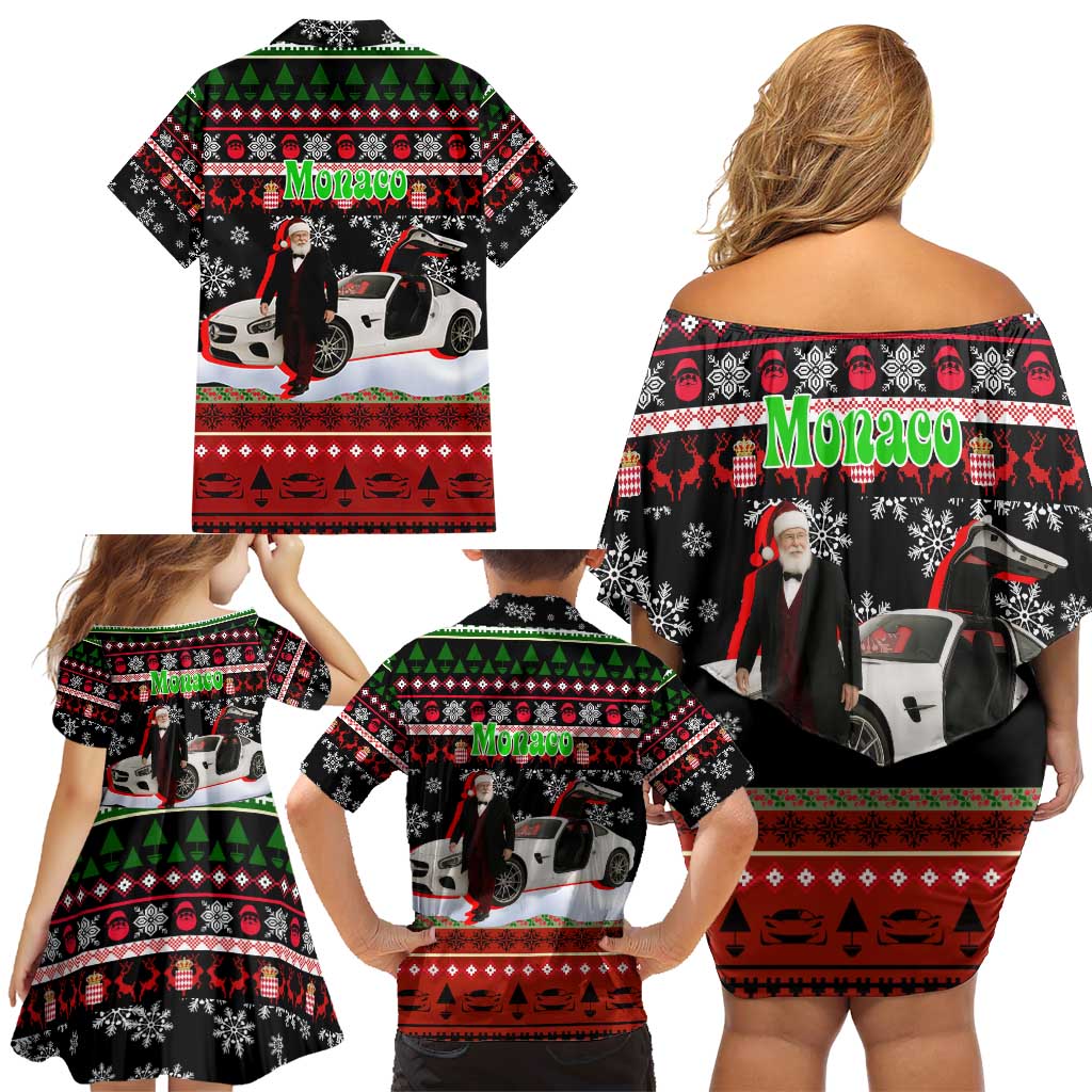 Monaco Christmas Family Matching Off Shoulder Short Dress and Hawaiian Shirt with Santa Claus Sports Car Snowflakes and Luxury Holiday - Wonder Print Shop