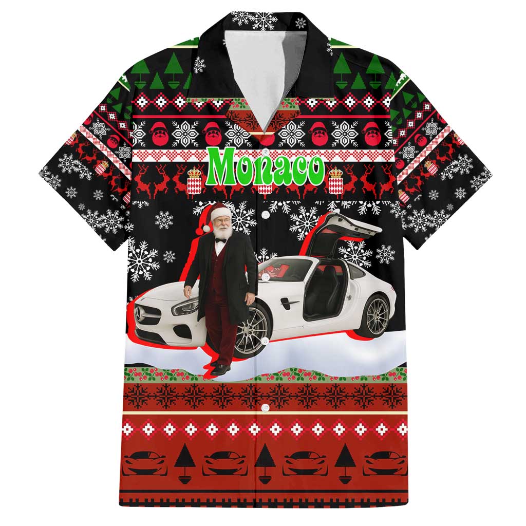 Monaco Christmas Family Matching Off Shoulder Short Dress and Hawaiian Shirt with Santa Claus Sports Car Snowflakes and Luxury Holiday - Wonder Print Shop