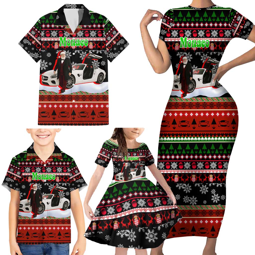Monaco Christmas Family Matching Short Sleeve Bodycon Dress and Hawaiian Shirt with Santa Claus Sports Car Snowflakes and Luxury Holiday - Wonder Print Shop