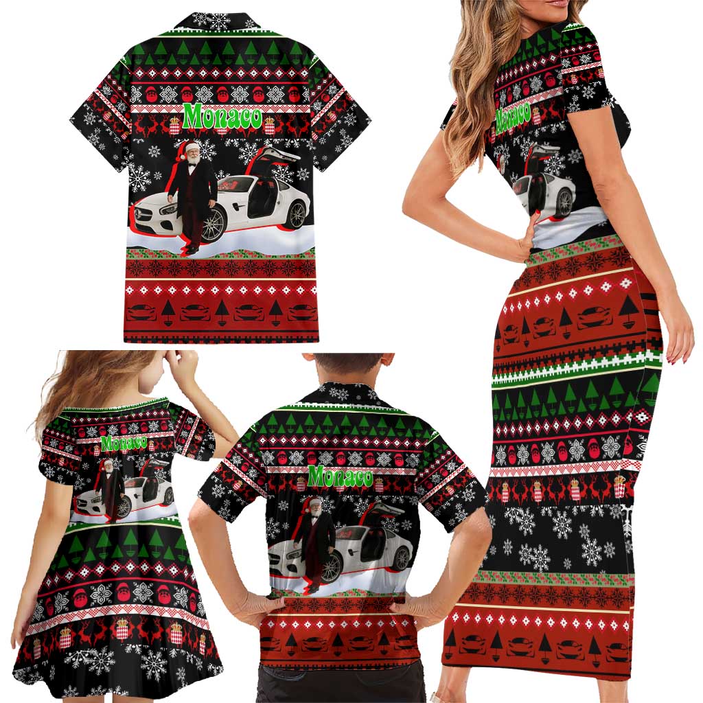 Monaco Christmas Family Matching Short Sleeve Bodycon Dress and Hawaiian Shirt with Santa Claus Sports Car Snowflakes and Luxury Holiday - Wonder Print Shop