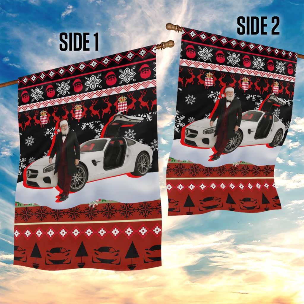Monaco Christmas Garden Flag with Santa Claus Sports Car Snowflakes and Luxury Holiday - Wonder Print Shop