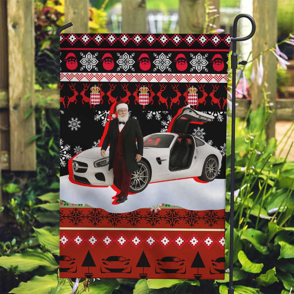Monaco Christmas Garden Flag with Santa Claus Sports Car Snowflakes and Luxury Holiday - Wonder Print Shop