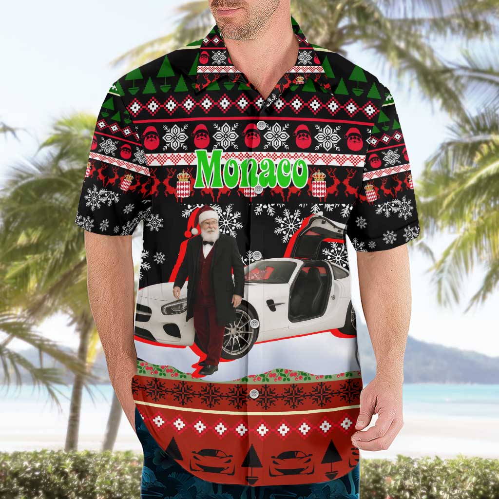 Monaco Christmas Hawaiian Shirt with Santa Claus Sports Car Snowflakes and Luxury Holiday - Wonder Print Shop