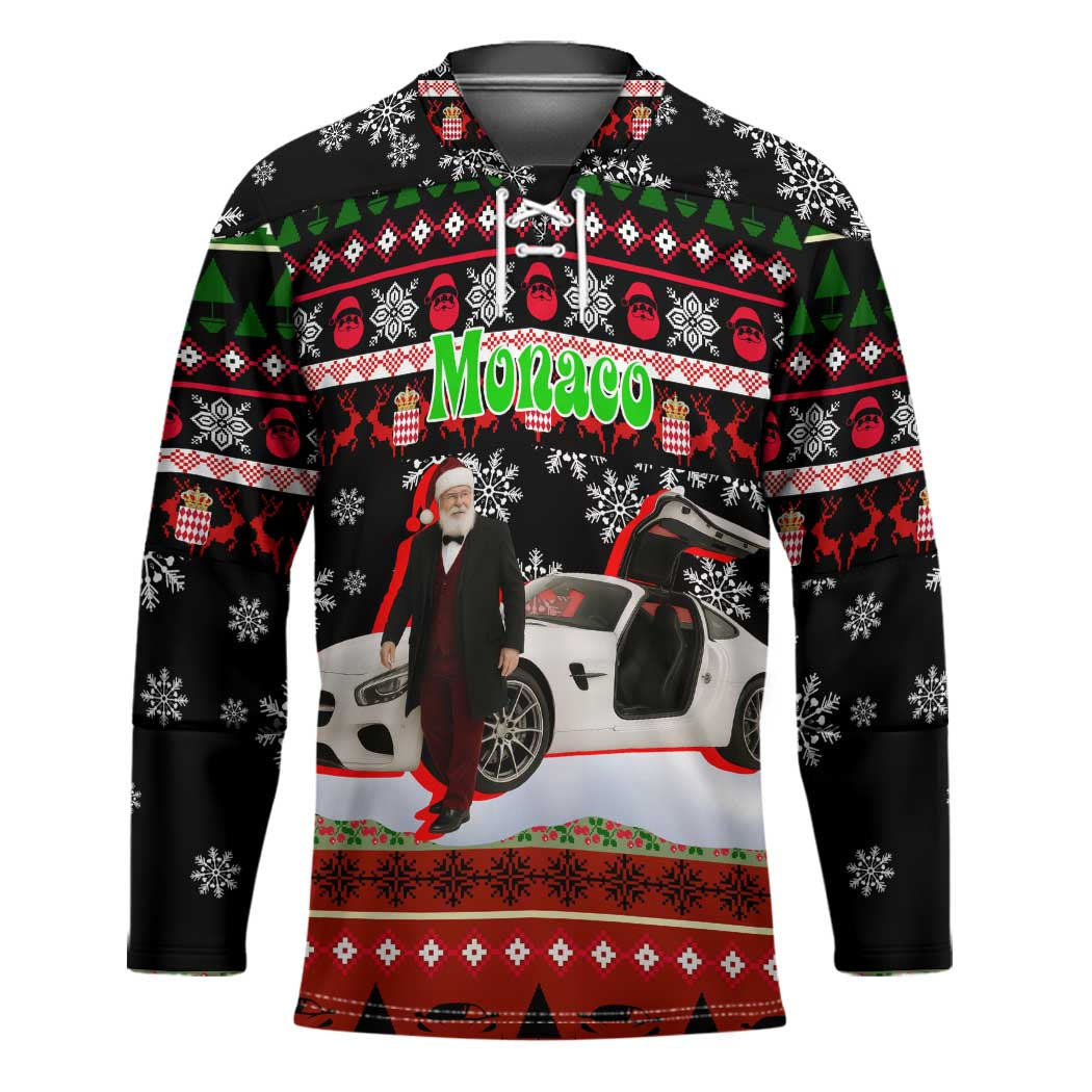 Monaco Christmas Hockey Jersey with Santa Claus Sports Car Snowflakes and Luxury Holiday - Wonder Print Shop