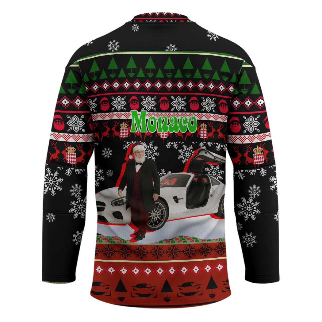 Monaco Christmas Hockey Jersey with Santa Claus Sports Car Snowflakes and Luxury Holiday - Wonder Print Shop