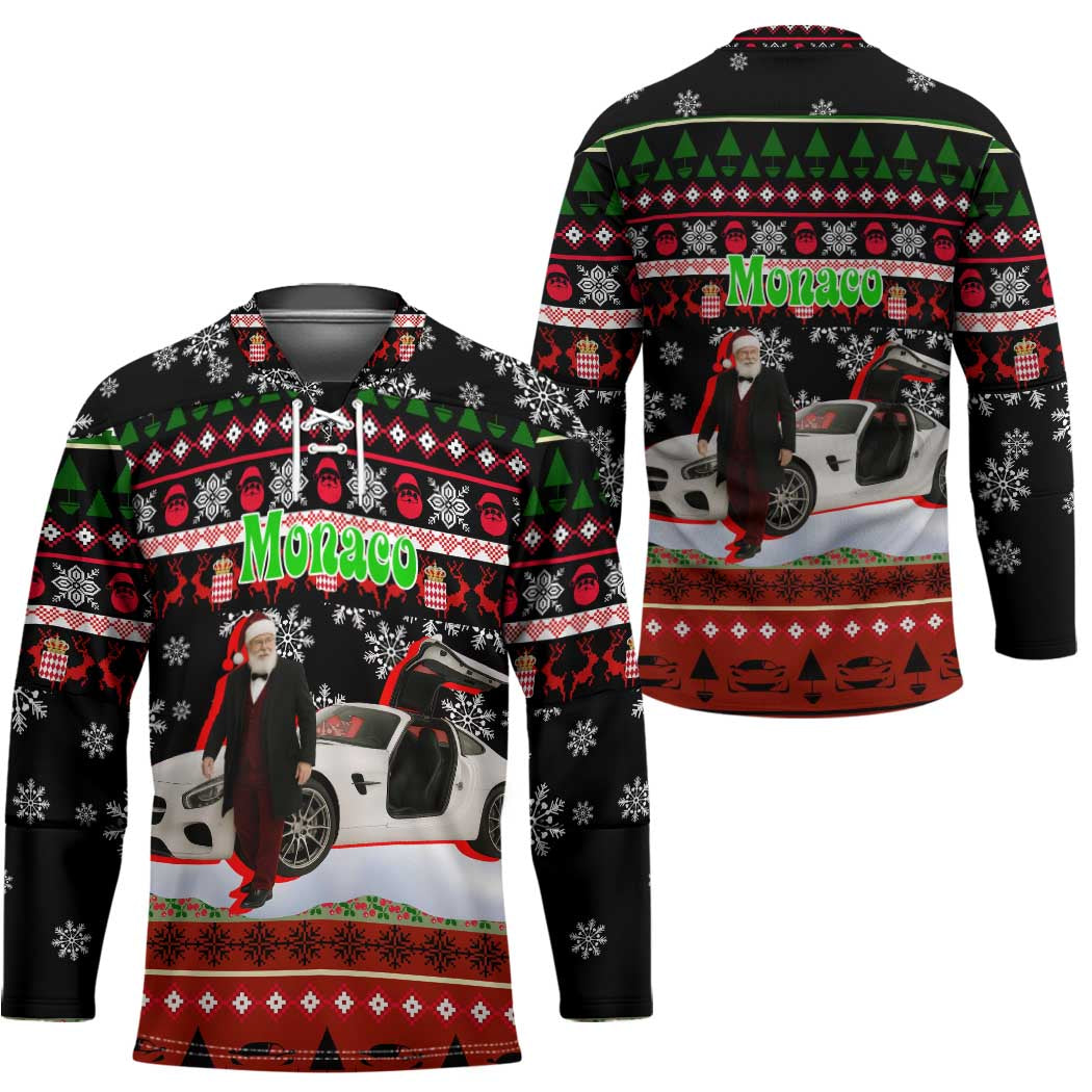 Monaco Christmas Hockey Jersey with Santa Claus Sports Car Snowflakes and Luxury Holiday - Wonder Print Shop