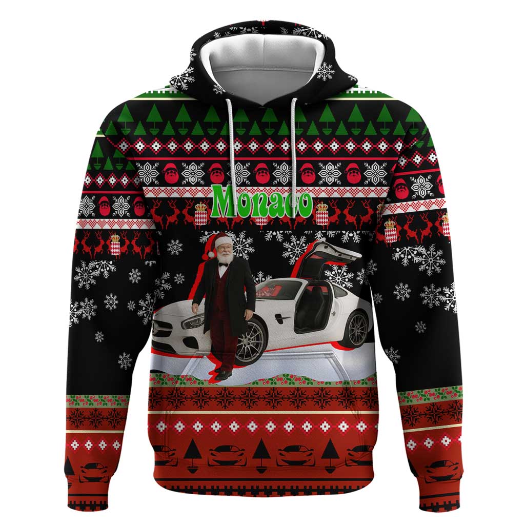 Monaco Christmas Hoodie with Santa Claus Sports Car Snowflakes and Luxury Holiday - Wonder Print Shop