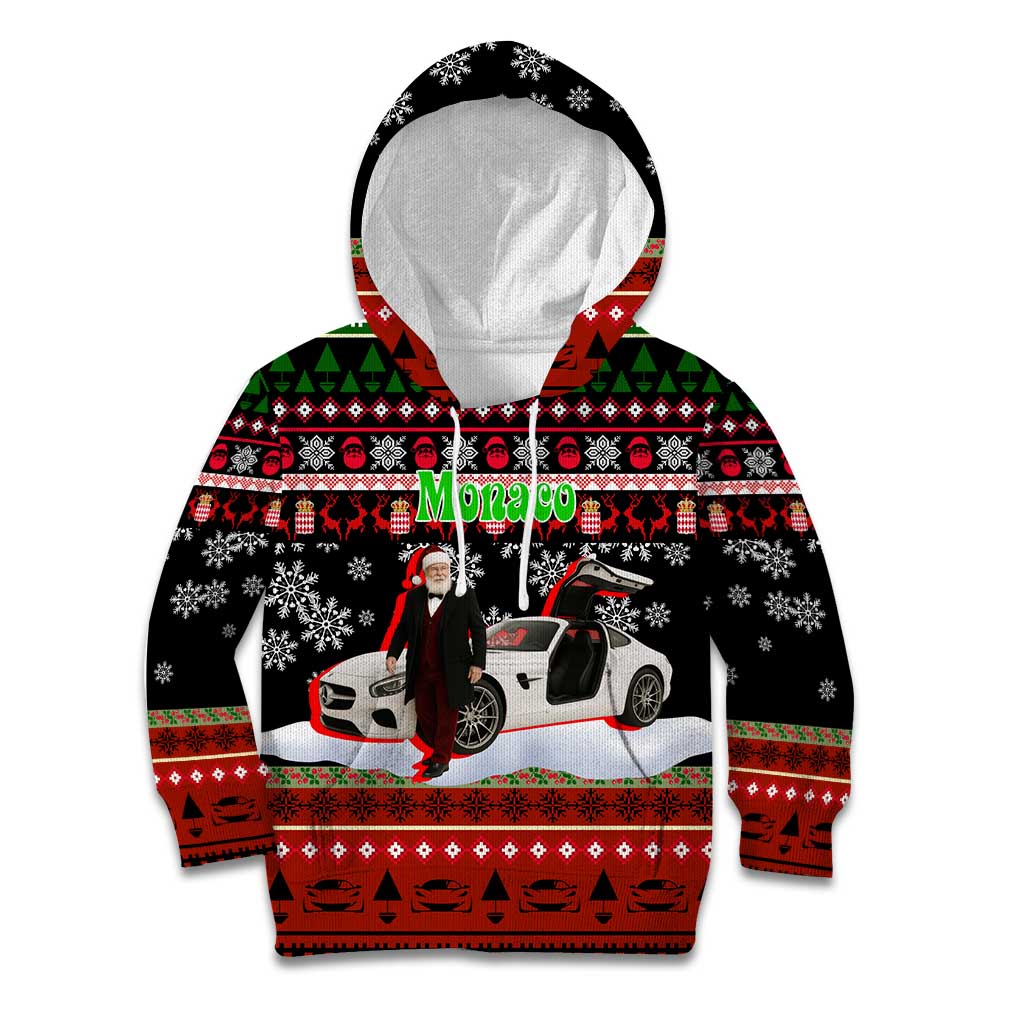 Monaco Christmas Kid Hoodie with Santa Claus Sports Car Snowflakes and Luxury Holiday - Wonder Print Shop