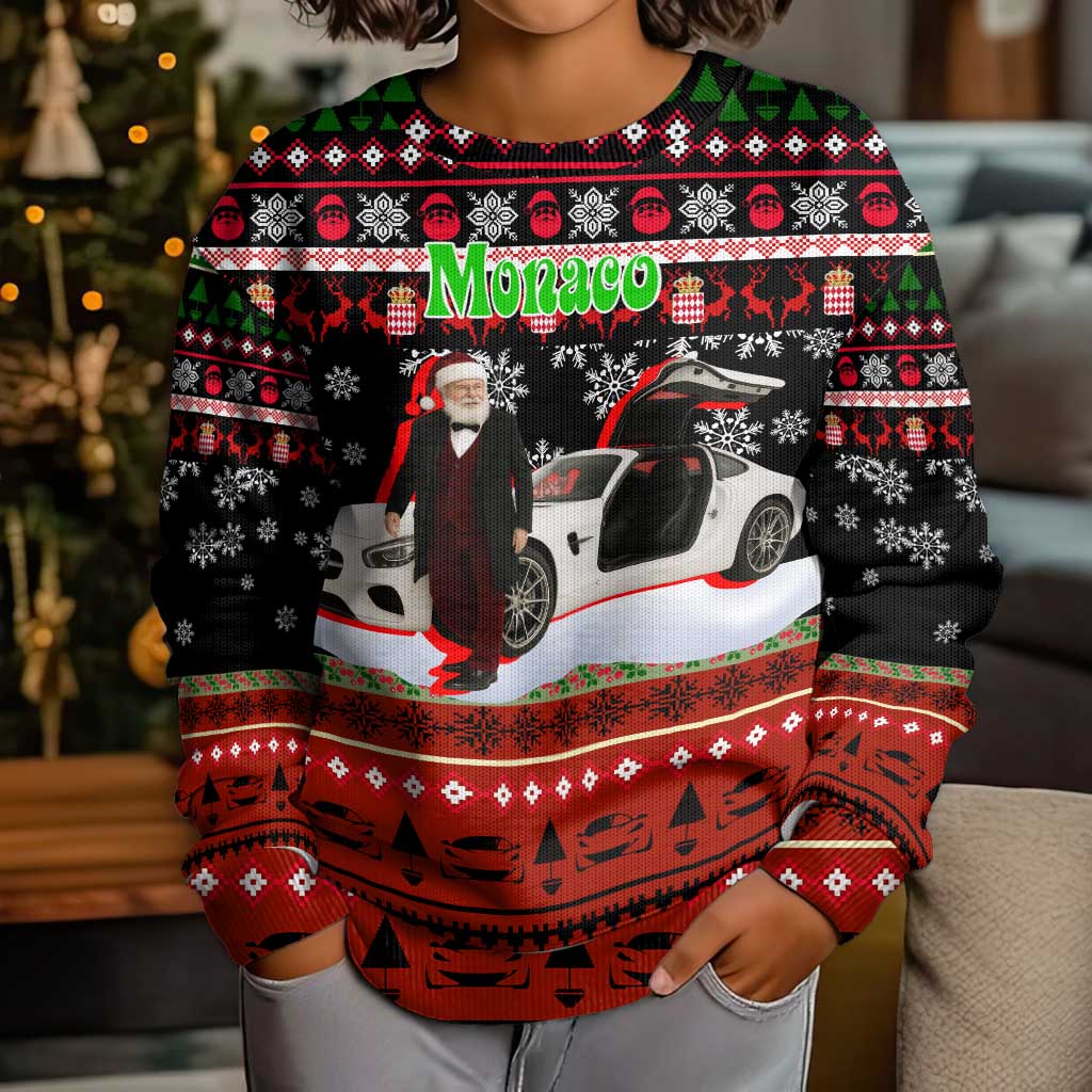 Monaco Christmas Kid Ugly Christmas Sweater with Santa Claus Sports Car Snowflakes and Luxury Holiday - Wonder Print Shop