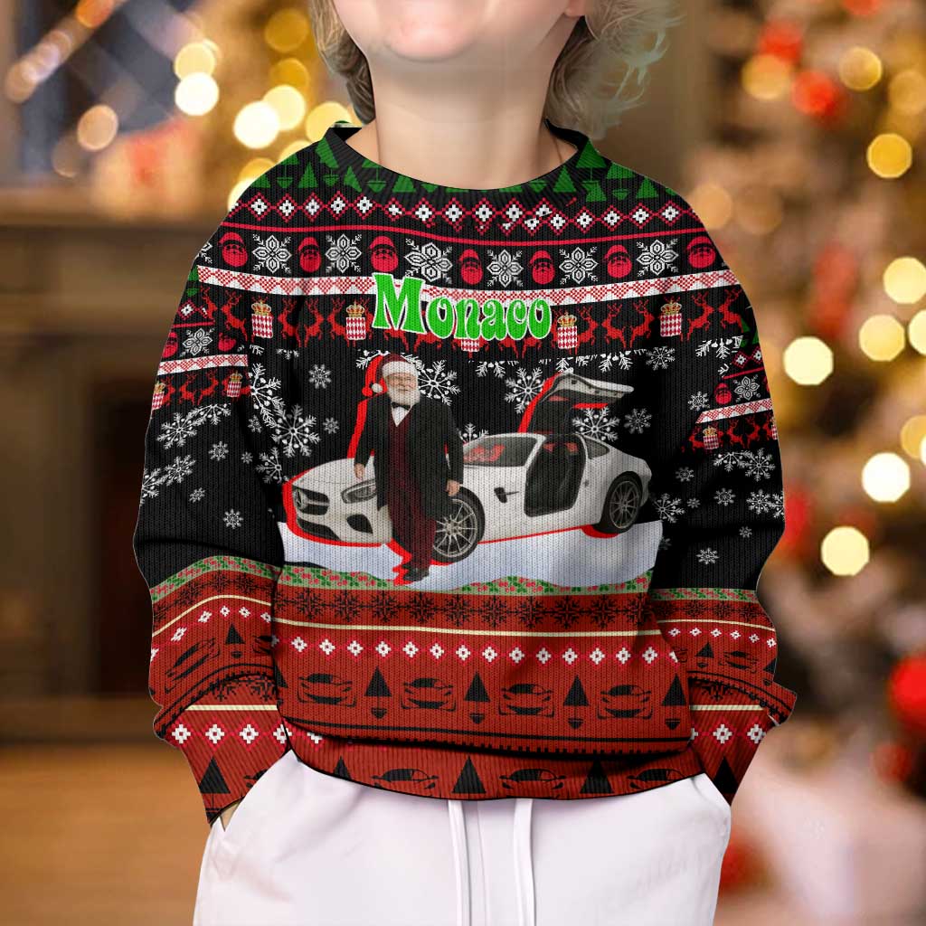 Monaco Christmas Kid Ugly Christmas Sweater with Santa Claus Sports Car Snowflakes and Luxury Holiday - Wonder Print Shop
