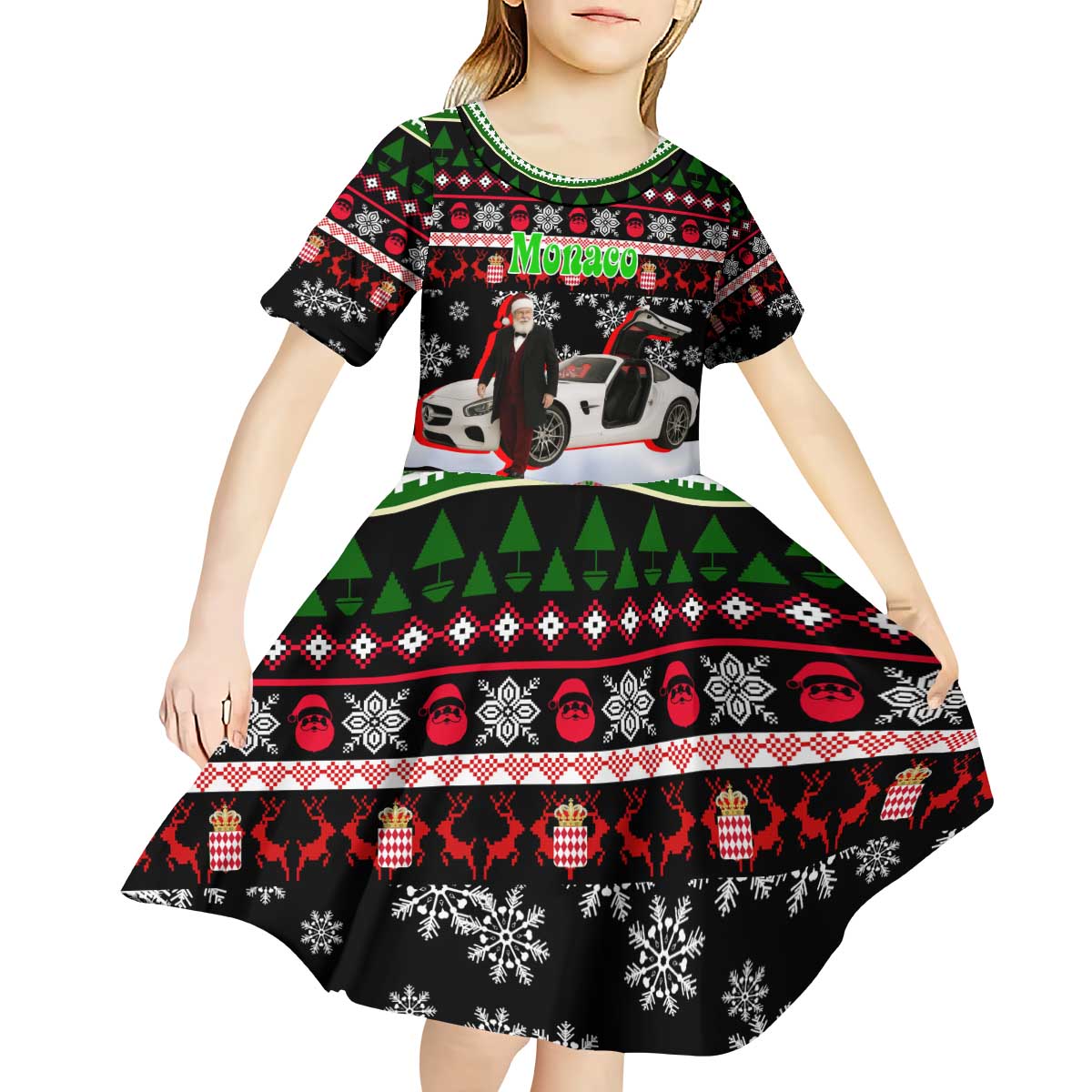 Monaco Christmas Kid Short Sleeve Dress with Santa Claus Sports Car Snowflakes and Luxury Holiday - Wonder Print Shop