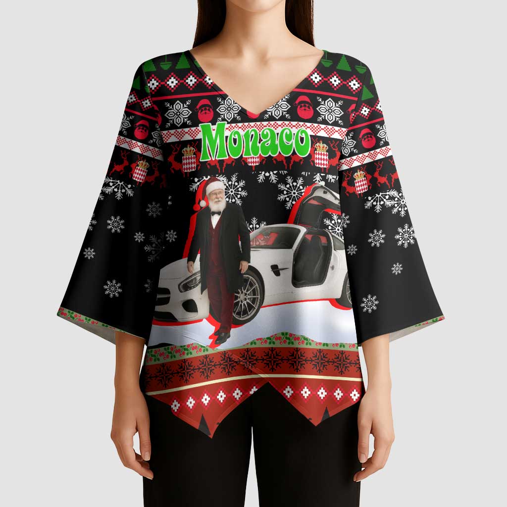 Monaco Christmas Kimono Sleeve Blouse with Santa Claus Sports Car Snowflakes and Luxury Holiday - Wonder Print Shop