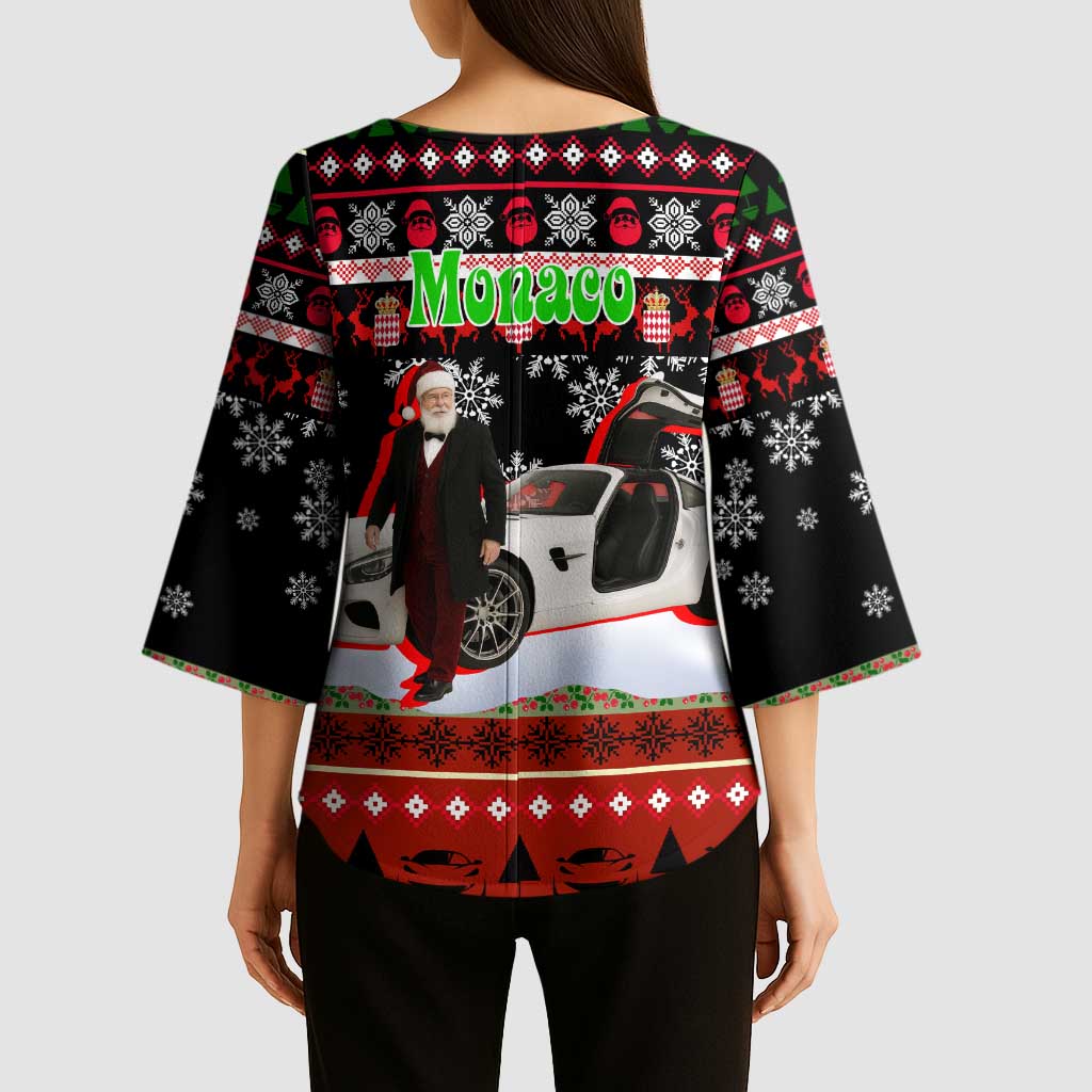 Monaco Christmas Kimono Sleeve Blouse with Santa Claus Sports Car Snowflakes and Luxury Holiday - Wonder Print Shop
