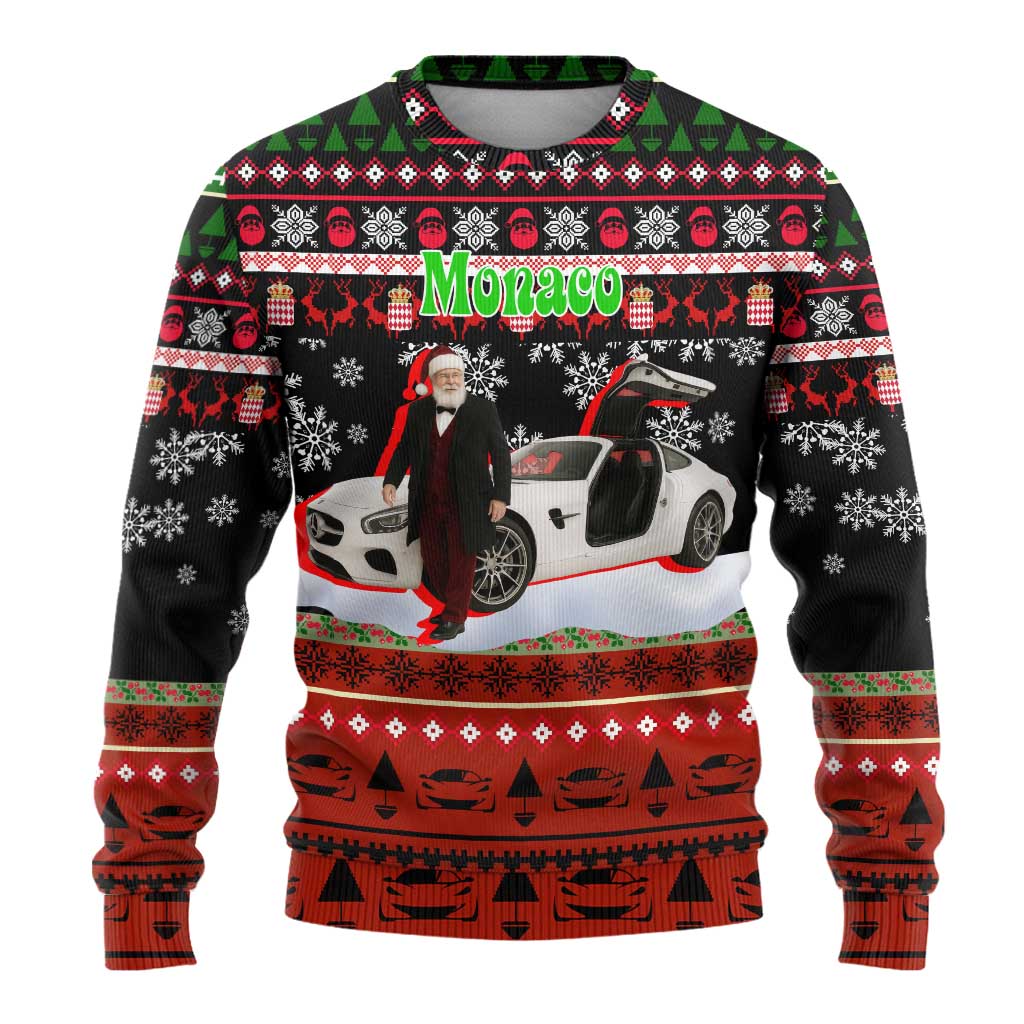 Monaco Christmas Ugly Christmas Sweater with Santa Claus Sports Car Snowflakes and Luxury Holiday - Wonder Print Shop