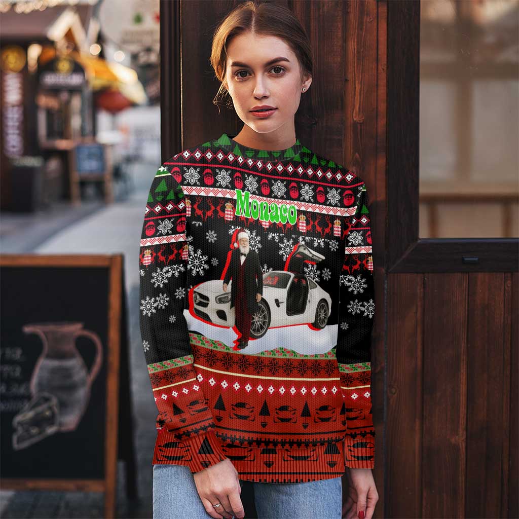 Monaco Christmas Ugly Christmas Sweater with Santa Claus Sports Car Snowflakes and Luxury Holiday - Wonder Print Shop
