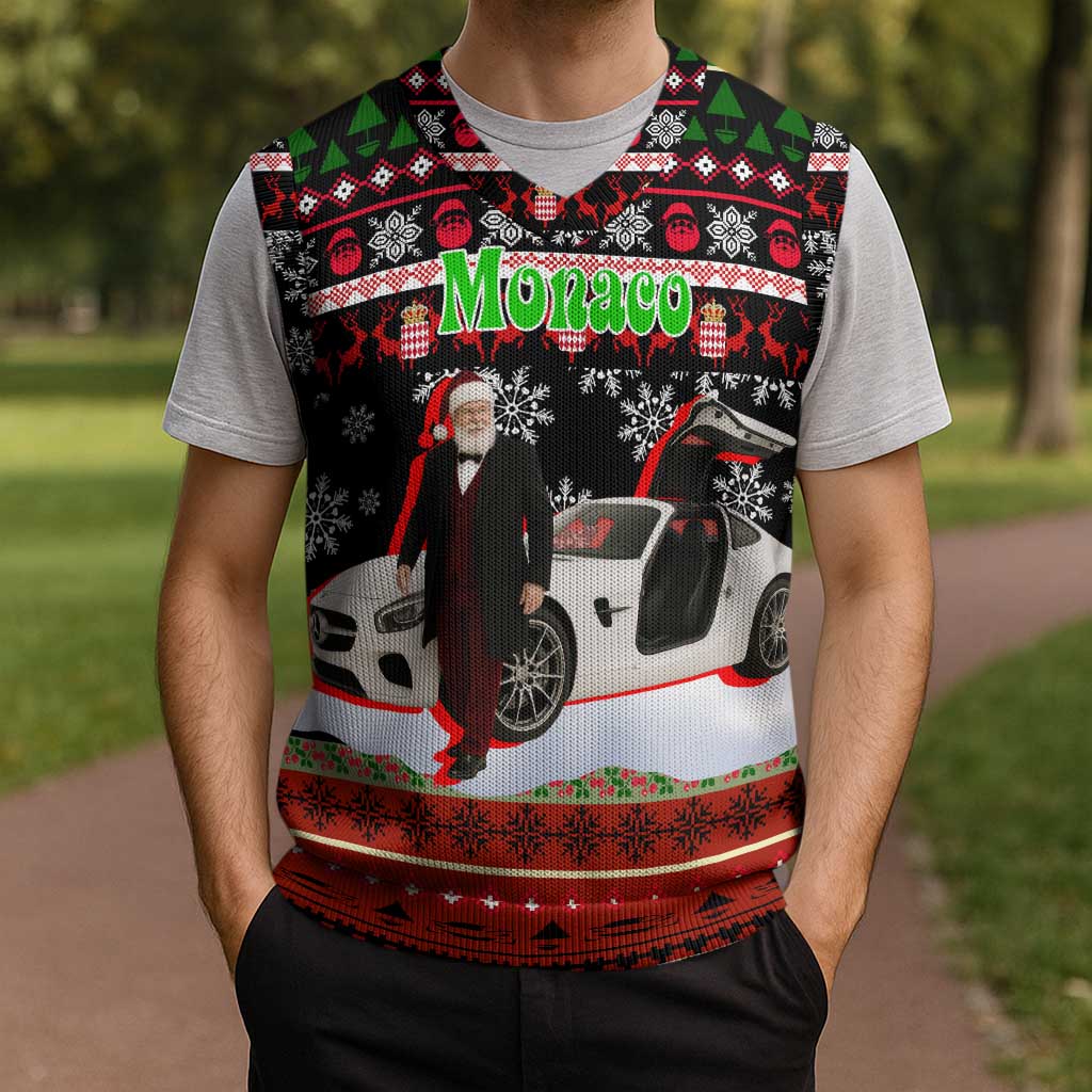Monaco Christmas Knitted V-Neck Vest with Santa Claus Sports Car Snowflakes and Luxury Holiday - Wonder Print Shop