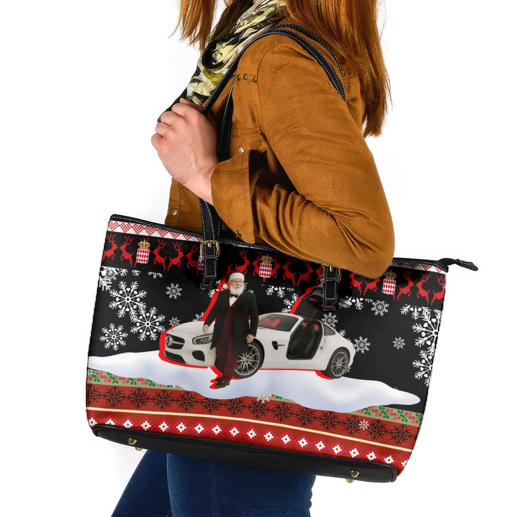 Monaco Christmas Leather Tote Bag with Santa Claus Sports Car Snowflakes and Luxury Holiday - Wonder Print Shop