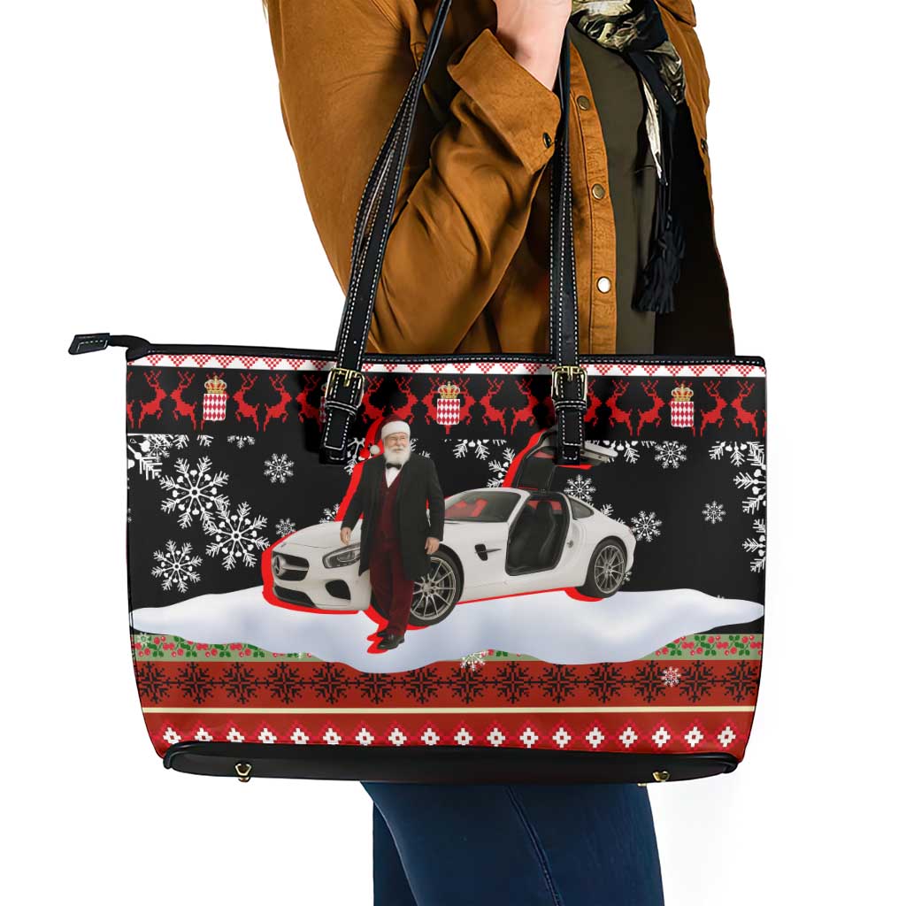 Monaco Christmas Leather Tote Bag with Santa Claus Sports Car Snowflakes and Luxury Holiday - Wonder Print Shop