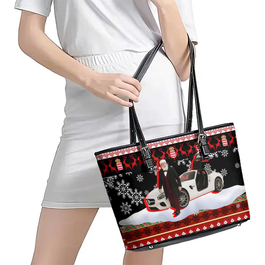 Monaco Christmas Leather Tote Bag with Santa Claus Sports Car Snowflakes and Luxury Holiday - Wonder Print Shop