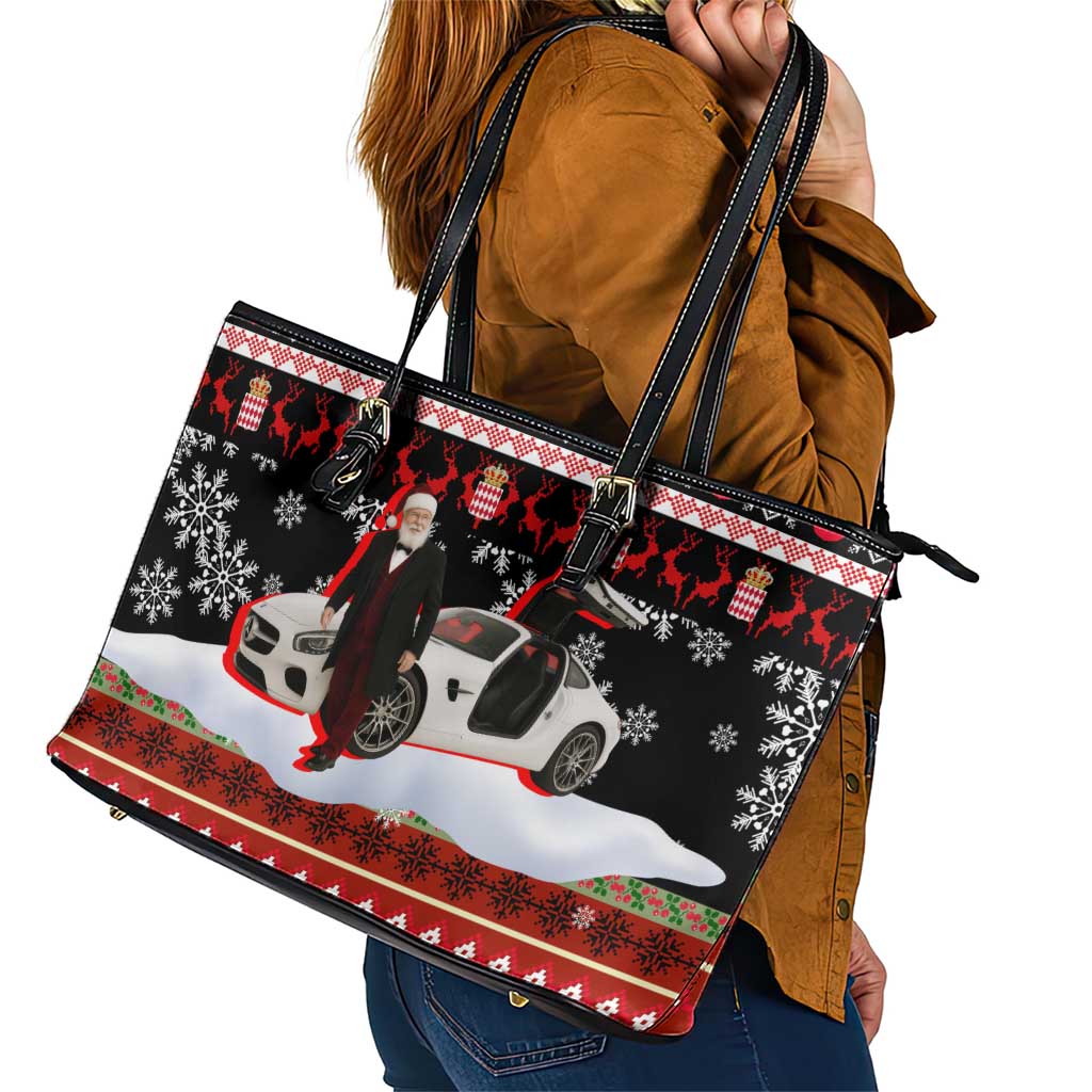 Monaco Christmas Leather Tote Bag with Santa Claus Sports Car Snowflakes and Luxury Holiday - Wonder Print Shop