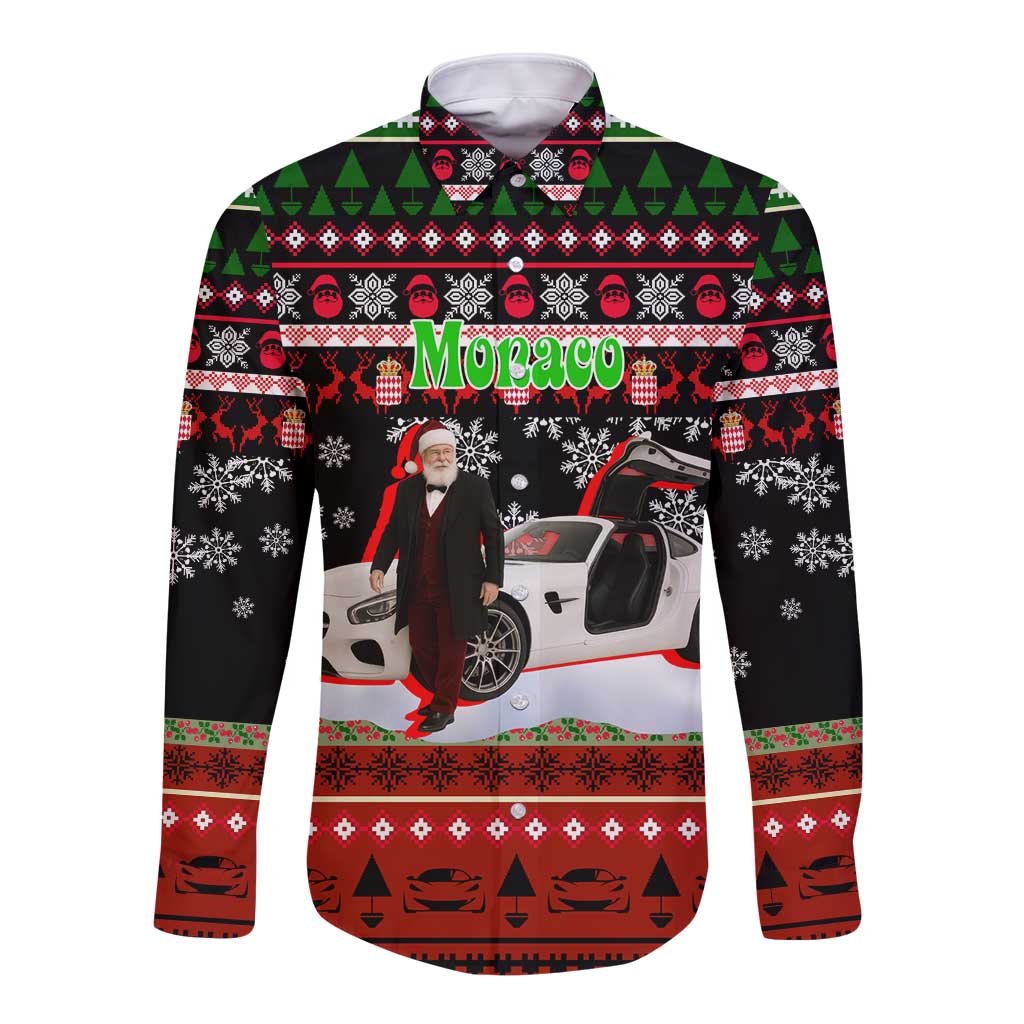Monaco Christmas Long Sleeve Button Shirt with Santa Claus Sports Car Snowflakes and Luxury Holiday - Wonder Print Shop
