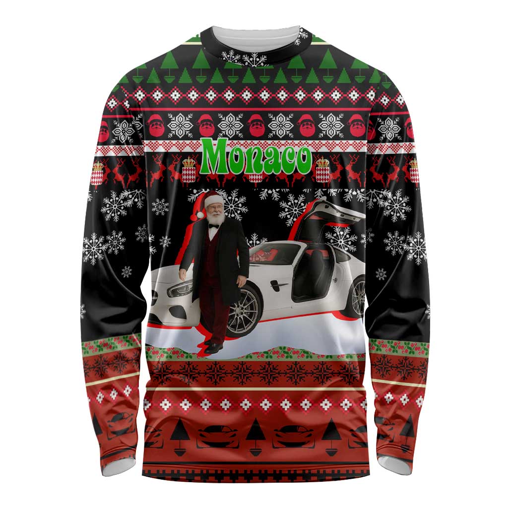 Monaco Christmas Long Sleeve Shirt with Santa Claus Sports Car Snowflakes and Luxury Holiday - Wonder Print Shop