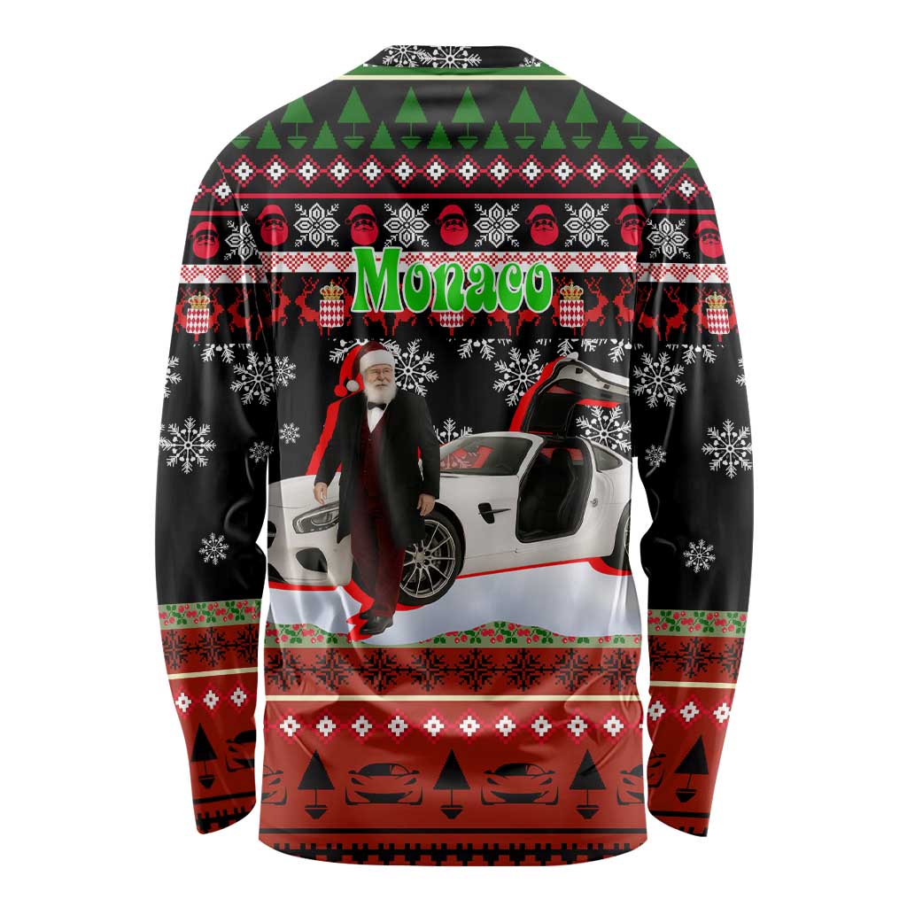 Monaco Christmas Long Sleeve Shirt with Santa Claus Sports Car Snowflakes and Luxury Holiday - Wonder Print Shop