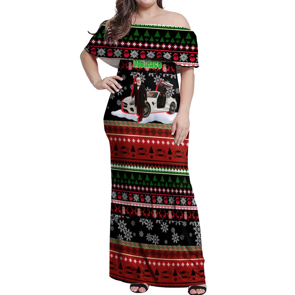 Monaco Christmas Off Shoulder Maxi Dress with Santa Claus Sports Car Snowflakes and Luxury Holiday - Wonder Print Shop