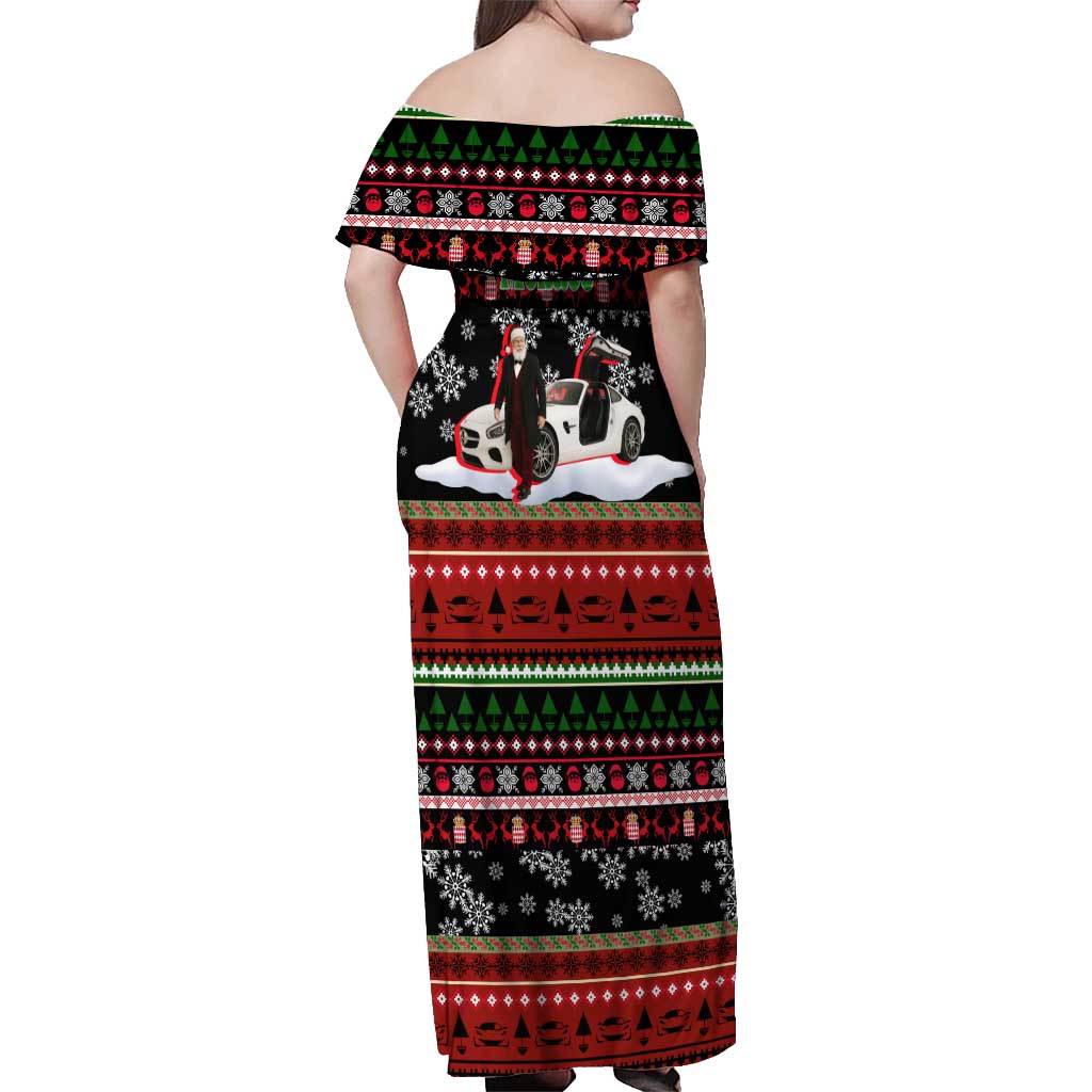 Monaco Christmas Off Shoulder Maxi Dress with Santa Claus Sports Car Snowflakes and Luxury Holiday - Wonder Print Shop