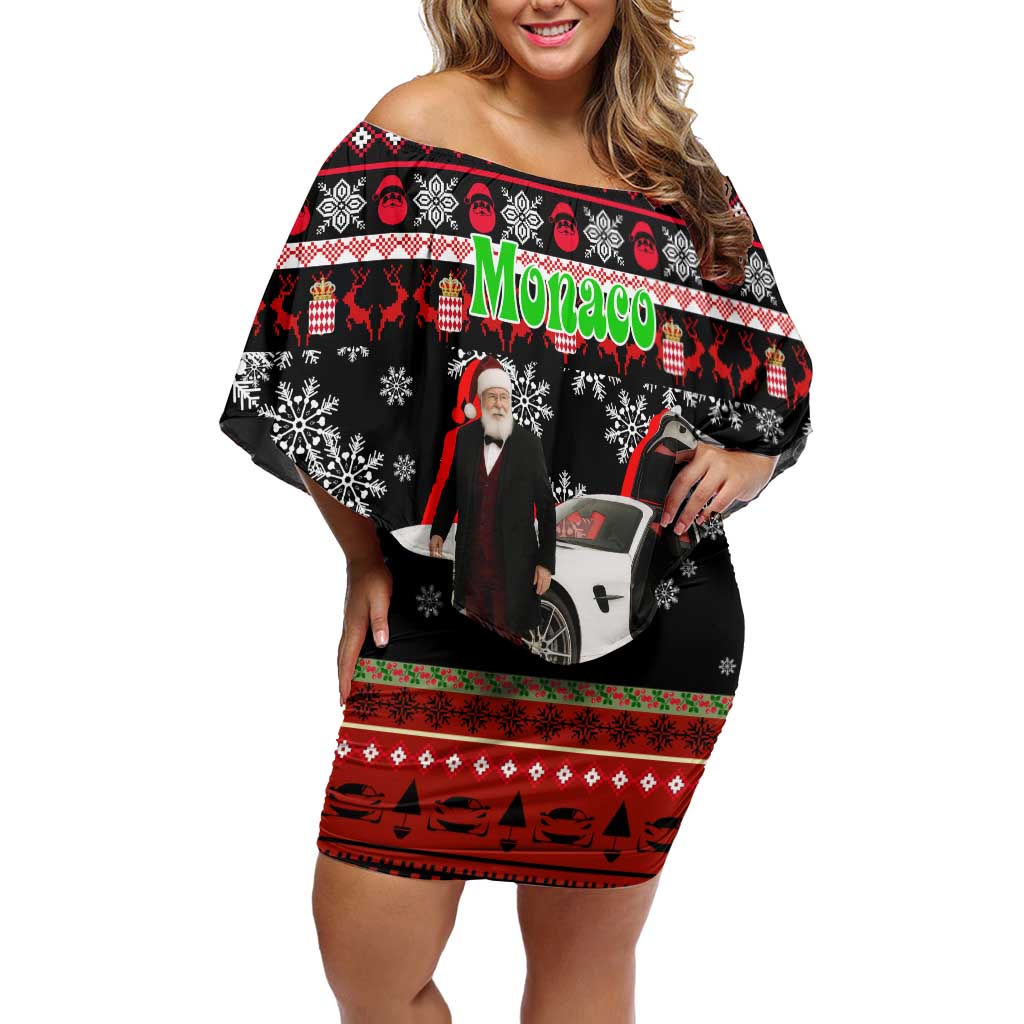 Monaco Christmas Off Shoulder Short Dress with Santa Claus Sports Car Snowflakes and Luxury Holiday - Wonder Print Shop