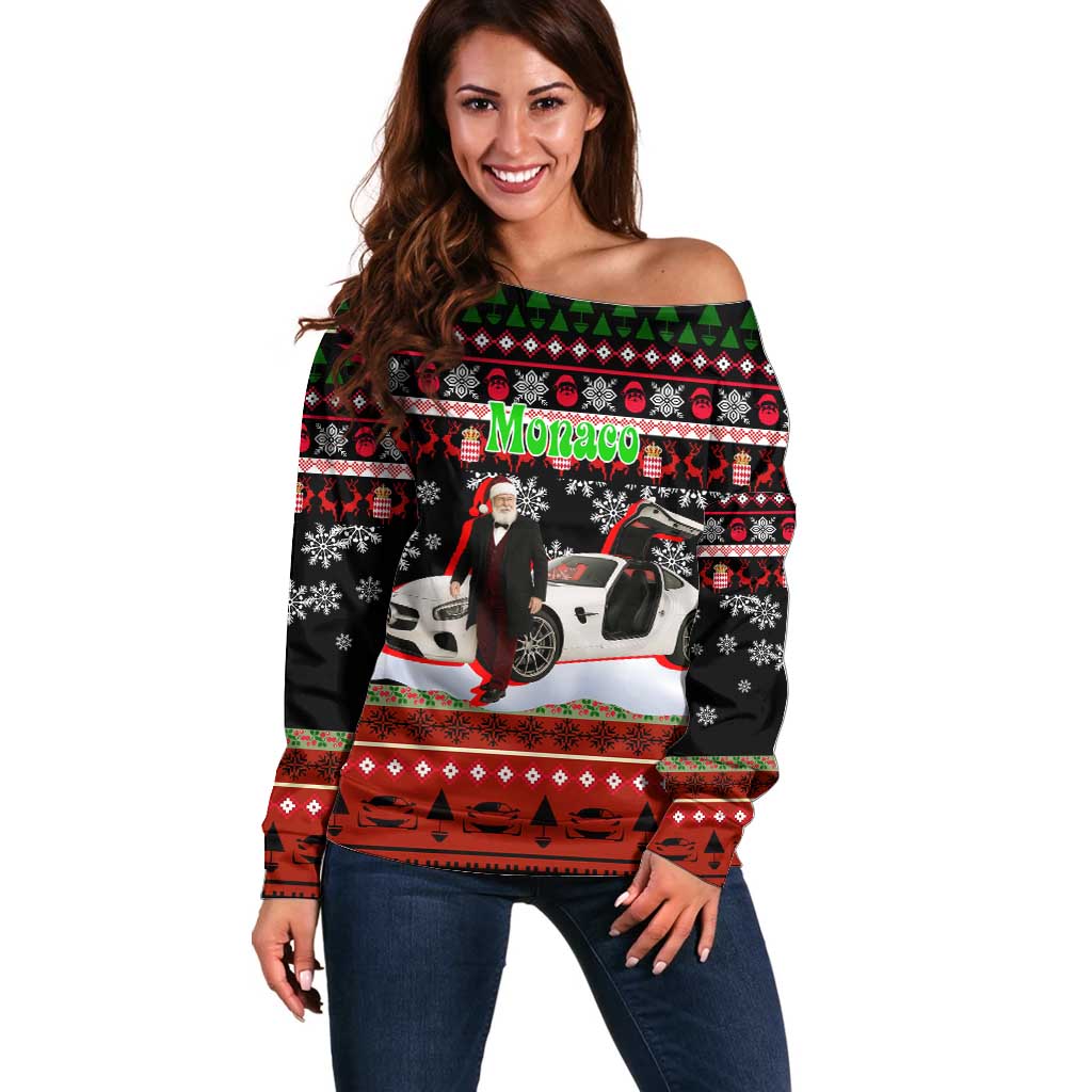 Monaco Christmas Off Shoulder Sweater with Santa Claus Sports Car Snowflakes and Luxury Holiday - Wonder Print Shop