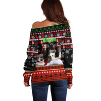 Monaco Christmas Off Shoulder Sweater with Santa Claus Sports Car Snowflakes and Luxury Holiday - Wonder Print Shop